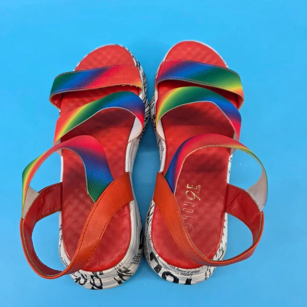 Rouge‎ Helium Rainbow Elastic Strap Newsprint Platform Sandals Red Womens 37.5